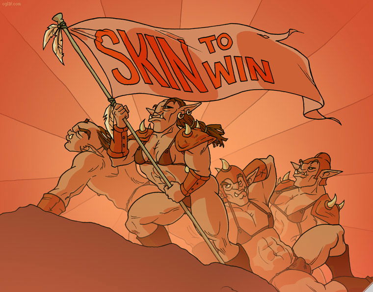 "A group of orcs in bikini armor flying a \"skin to win\" banner"